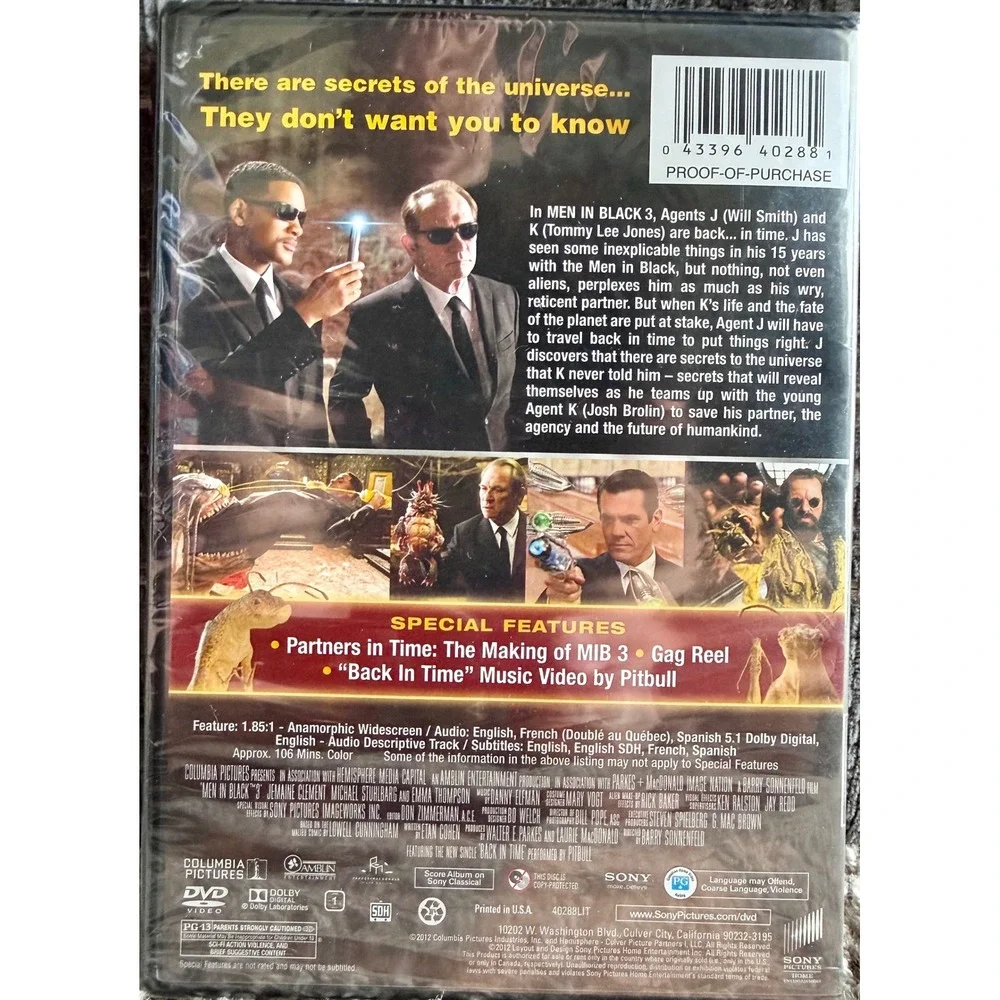 Sony Men In Black 3 DVD New MIB3 Sci-Fi Action Will Smith